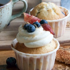 Breakfast cupcakes: blueberry cupcakes topped with maple buttercream and bacon.